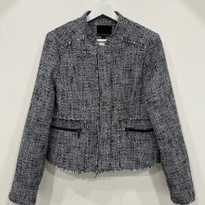 Banana Republic Navy White Tweed Raw Edge Hem Blazer Zip Up Jacket